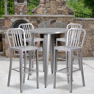 English Elm Tristan Commercial Grade Metal Indoor-Outdoor Bar Table Set with 4 Stylish Vertical Slat Stools Silver 30" Round CH-51090BH-4-30VRT-SIL-GG