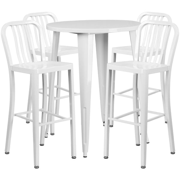 English Elm Tristan Commercial Grade Metal Indoor-Outdoor Bar Table Set with 4 Stylish Vertical Slat Stools White 30" Round CH-51090BH-4-30VRT-WH-GG