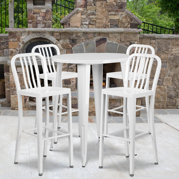 English Elm Tristan Commercial Grade Metal Indoor-Outdoor Bar Table Set with 4 Stylish Vertical Slat Stools White 30" Round CH-51090BH-4-30VRT-WH-GG