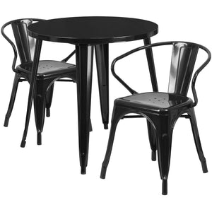 English Elm Conrad Commercial Grade Bistro Table Set with 2 Arm Chairs - Stylish Indoor-Outdoor Dining Solution Black 30" Round CH-51090TH-2-18ARM-BK-GG
