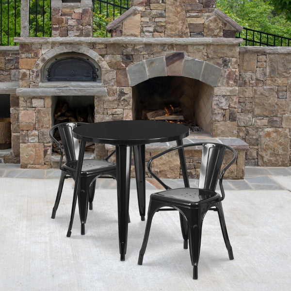 English Elm Conrad Commercial Grade Bistro Table Set with 2 Arm Chairs - Stylish Indoor-Outdoor Dining Solution Black 30" Round CH-51090TH-2-18ARM-BK-GG