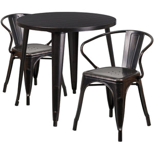 English Elm Conrad Commercial Grade Bistro Table Set with 2 Arm Chairs - Stylish Indoor-Outdoor Dining Solution Black-Antique Gold 30" Round CH-51090TH-2-18ARM-BQ-GG