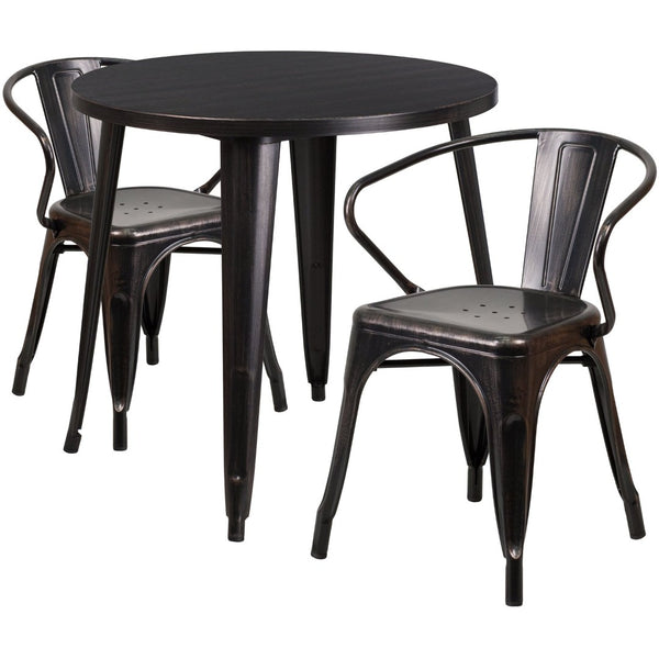 English Elm Conrad Commercial Grade Bistro Table Set with 2 Arm Chairs - Stylish Indoor-Outdoor Dining Solution Black-Antique Gold 30" Round CH-51090TH-2-18ARM-BQ-GG