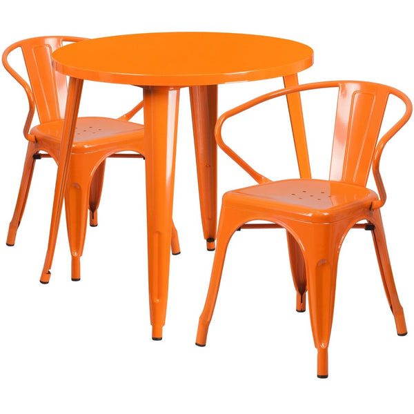 English Elm Conrad Commercial Grade Bistro Table Set with 2 Arm Chairs - Stylish Indoor-Outdoor Dining Solution Orange 30" Round CH-51090TH-2-18ARM-OR-GG