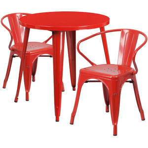 English Elm Conrad Commercial Grade Bistro Table Set with 2 Arm Chairs - Stylish Indoor-Outdoor Dining Solution Red 30" Round CH-51090TH-2-18ARM-RED-GG