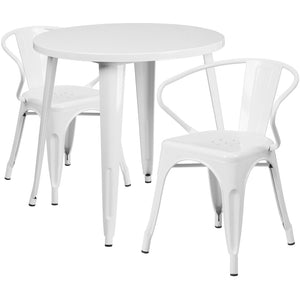 English Elm Conrad Commercial Grade Bistro Table Set with 2 Arm Chairs - Stylish Indoor-Outdoor Dining Solution White 30" Round CH-51090TH-2-18ARM-WH-GG