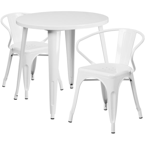 English Elm Conrad Commercial Grade Bistro Table Set with 2 Arm Chairs - Stylish Indoor-Outdoor Dining Solution White 30" Round CH-51090TH-2-18ARM-WH-GG