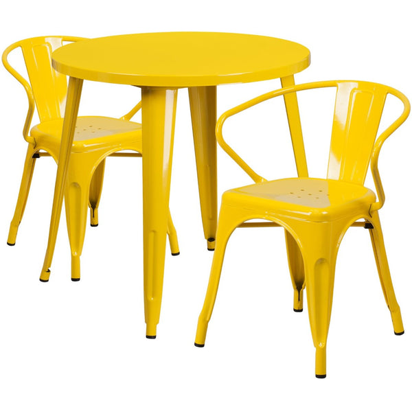 English Elm Conrad Commercial Grade Bistro Table Set with 2 Arm Chairs - Stylish Indoor-Outdoor Dining Solution Yellow 30" Round CH-51090TH-2-18ARM-YL-GG