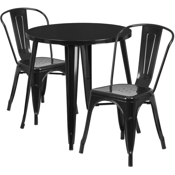 English Elm Baker Commercial-Grade Bistro Table Set with 2 Stylish Chairs for Indoor-Outdoor Dining Experience Black 30" Round CH-51090TH-2-18CAFE-BK-GG