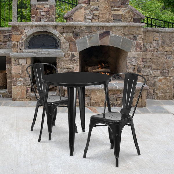 English Elm Baker Commercial-Grade Bistro Table Set with 2 Stylish Chairs for Indoor-Outdoor Dining Experience Black 30" Round CH-51090TH-2-18CAFE-BK-GG