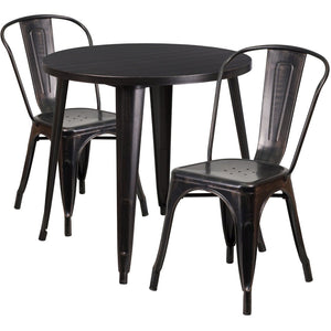 English Elm Baker Commercial-Grade Bistro Table Set with 2 Stylish Chairs for Indoor-Outdoor Dining Experience Black-Antique Gold 30" Round CH-51090TH-2-18CAFE-BQ-GG