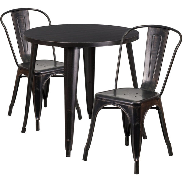 English Elm Baker Commercial-Grade Bistro Table Set with 2 Stylish Chairs for Indoor-Outdoor Dining Experience Black-Antique Gold 30" Round CH-51090TH-2-18CAFE-BQ-GG
