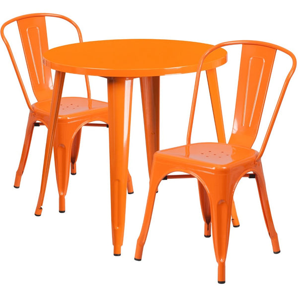 English Elm Baker Commercial-Grade Bistro Table Set with 2 Stylish Chairs for Indoor-Outdoor Dining Experience Orange 30" Round CH-51090TH-2-18CAFE-OR-GG