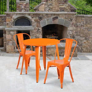 English Elm Baker Commercial-Grade Bistro Table Set with 2 Stylish Chairs for Indoor-Outdoor Dining Experience Orange 30" Round CH-51090TH-2-18CAFE-OR-GG