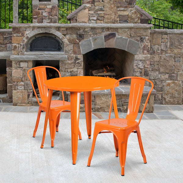 English Elm Baker Commercial-Grade Bistro Table Set with 2 Stylish Chairs for Indoor-Outdoor Dining Experience Orange 30" Round CH-51090TH-2-18CAFE-OR-GG