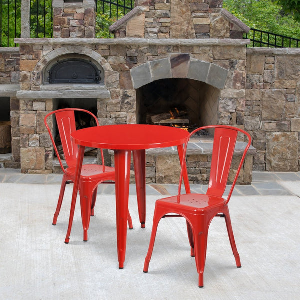 English Elm Baker Commercial-Grade Bistro Table Set with 2 Stylish Chairs for Indoor-Outdoor Dining Experience Red 30" Round CH-51090TH-2-18CAFE-RED-GG