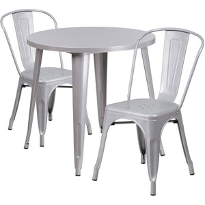 English Elm Baker Commercial-Grade Bistro Table Set with 2 Stylish Chairs for Indoor-Outdoor Dining Experience Silver 30" Round CH-51090TH-2-18CAFE-SIL-GG