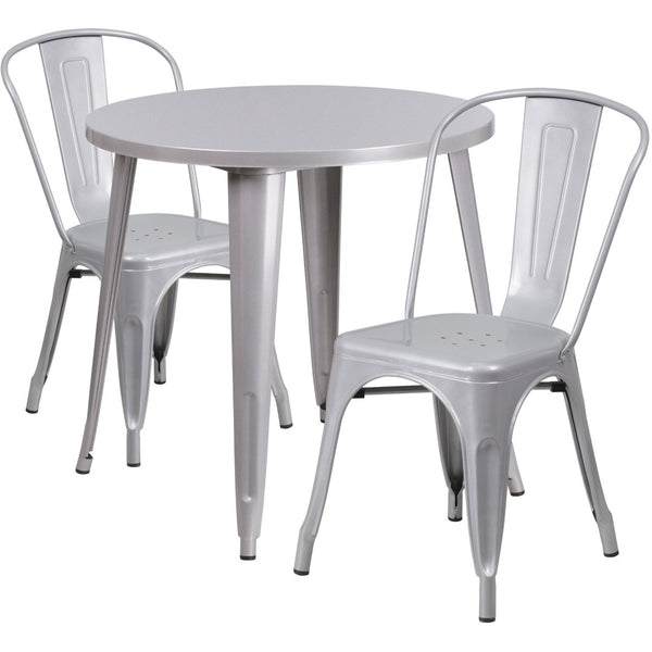 English Elm Baker Commercial-Grade Bistro Table Set with 2 Stylish Chairs for Indoor-Outdoor Dining Experience Silver 30" Round CH-51090TH-2-18CAFE-SIL-GG