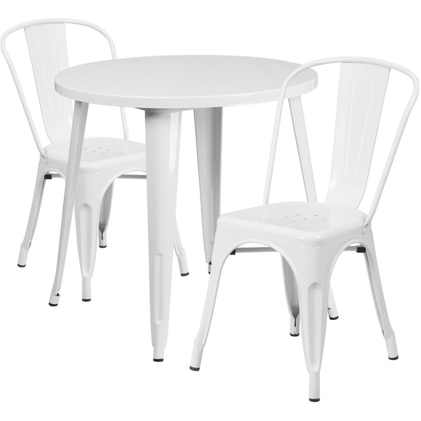 English Elm Baker Commercial-Grade Bistro Table Set with 2 Stylish Chairs for Indoor-Outdoor Dining Experience White 30" Round CH-51090TH-2-18CAFE-WH-GG