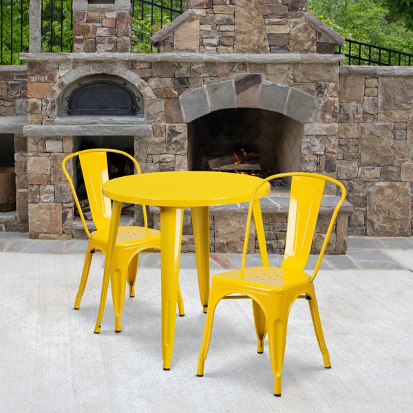 English Elm Baker Commercial-Grade Bistro Table Set with 2 Stylish Chairs for Indoor-Outdoor Dining Experience Yellow 30" Round CH-51090TH-2-18CAFE-YL-GG