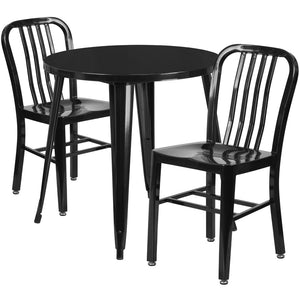 English Elm Craig Commercial Grade Metal Table Set with 2 Sturdy Vertical Slat Back Chairs for Dining Spaces Black 30" Round CH-51090TH-2-18VRT-BK-GG