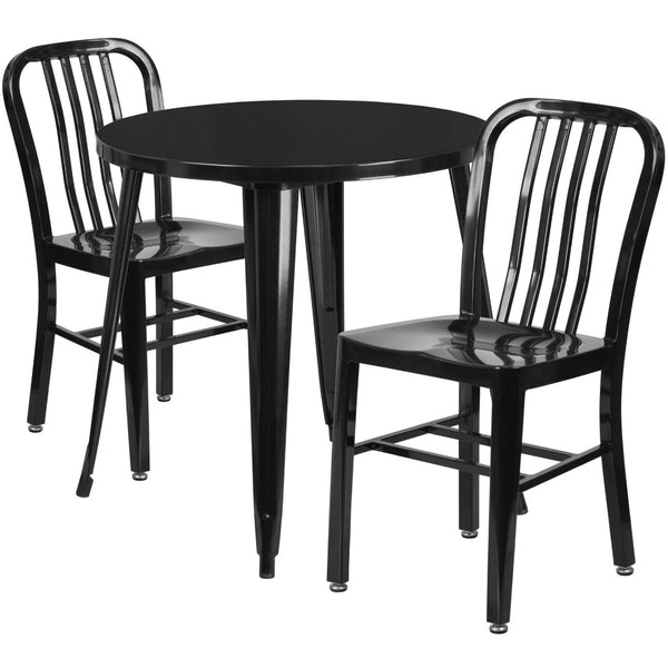 English Elm Craig Commercial Grade Metal Table Set with 2 Sturdy Vertical Slat Back Chairs for Dining Spaces Black 30" Round CH-51090TH-2-18VRT-BK-GG