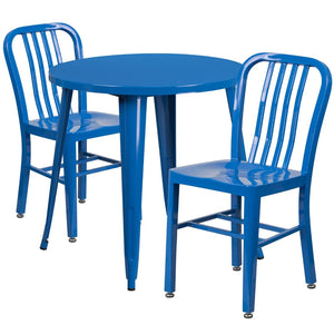 English Elm Craig Commercial Grade Metal Table Set with 2 Sturdy Vertical Slat Back Chairs for Dining Spaces Blue 30" Round CH-51090TH-2-18VRT-BL-GG