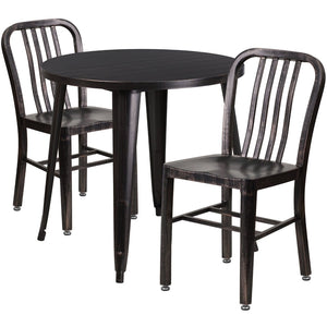 English Elm Craig Commercial Grade Metal Table Set with 2 Sturdy Vertical Slat Back Chairs for Dining Spaces Black-Antique Gold 30" Round CH-51090TH-2-18VRT-BQ-GG
