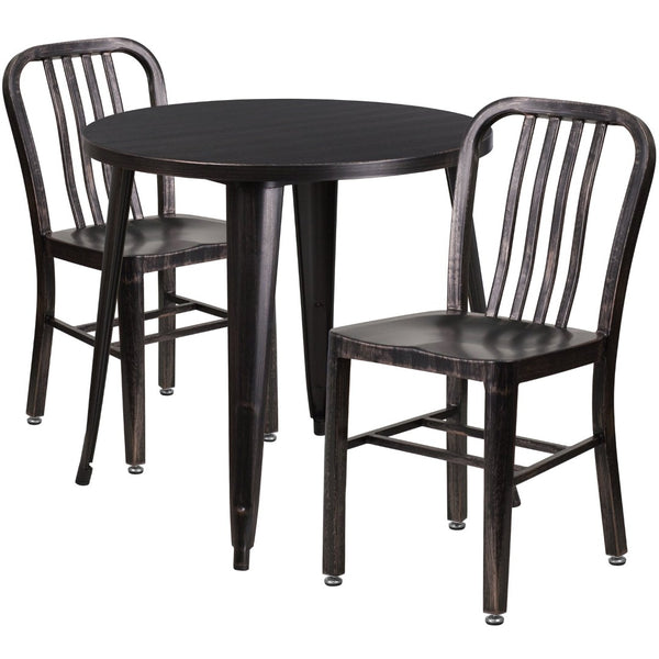 English Elm Craig Commercial Grade Metal Table Set with 2 Sturdy Vertical Slat Back Chairs for Dining Spaces Black-Antique Gold 30" Round CH-51090TH-2-18VRT-BQ-GG