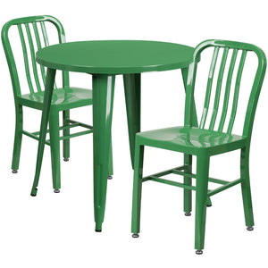 English Elm Craig Commercial Grade Metal Table Set with 2 Sturdy Vertical Slat Back Chairs for Dining Spaces Green 30" Round CH-51090TH-2-18VRT-GN-GG