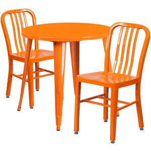 English Elm Craig Commercial Grade Metal Table Set with 2 Sturdy Vertical Slat Back Chairs for Dining Spaces Orange 30" Round CH-51090TH-2-18VRT-OR-GG