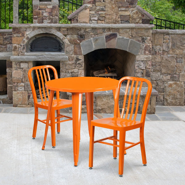 English Elm Craig Commercial Grade Metal Table Set with 2 Sturdy Vertical Slat Back Chairs for Dining Spaces Orange 30" Round CH-51090TH-2-18VRT-OR-GG
