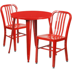 English Elm Craig Commercial Grade Metal Table Set with 2 Sturdy Vertical Slat Back Chairs for Dining Spaces Red 30" Round CH-51090TH-2-18VRT-RED-GG