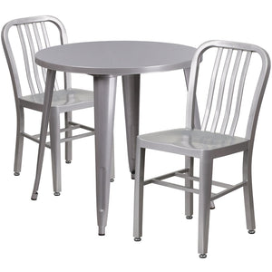 English Elm Craig Commercial Grade Metal Table Set with 2 Sturdy Vertical Slat Back Chairs for Dining Spaces Silver 30" Round CH-51090TH-2-18VRT-SIL-GG