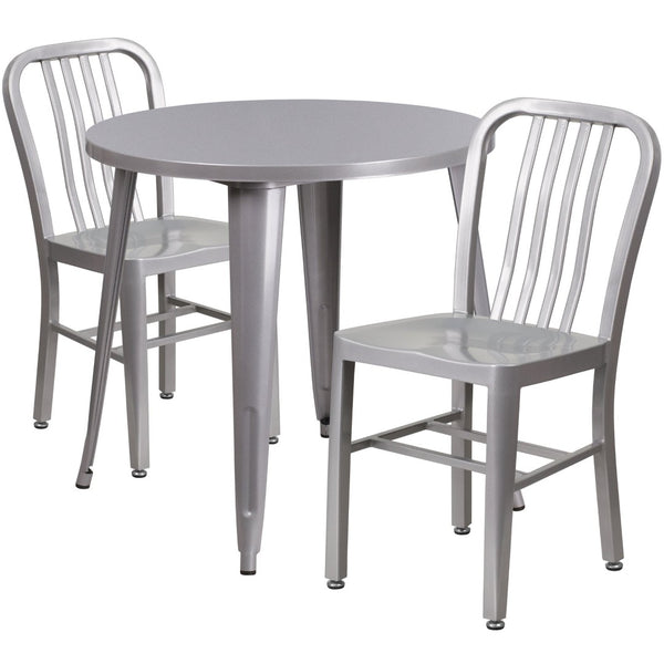 English Elm Craig Commercial Grade Metal Table Set with 2 Sturdy Vertical Slat Back Chairs for Dining Spaces Silver 30" Round CH-51090TH-2-18VRT-SIL-GG
