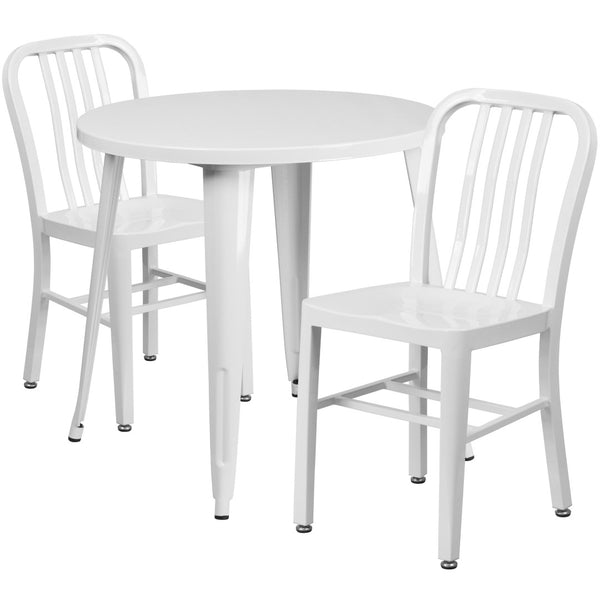 English Elm Craig Commercial Grade Metal Table Set with 2 Sturdy Vertical Slat Back Chairs for Dining Spaces White 30" Round CH-51090TH-2-18VRT-WH-GG