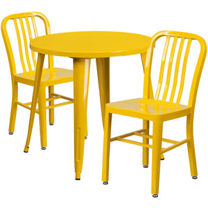 English Elm Craig Commercial Grade Metal Table Set with 2 Sturdy Vertical Slat Back Chairs for Dining Spaces Yellow 30" Round CH-51090TH-2-18VRT-YL-GG