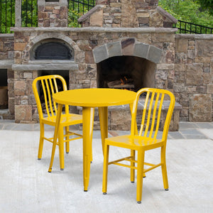 English Elm Craig Commercial Grade Metal Table Set with 2 Sturdy Vertical Slat Back Chairs for Dining Spaces Yellow 30" Round CH-51090TH-2-18VRT-YL-GG