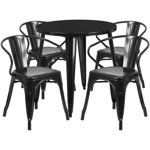 English Elm Cory Commercial-Grade Indoor-Outdoor Table Set with 4 Bistro Arm Chairs for Stylish Dining Spaces Black 30" Round CH-51090TH-4-18ARM-BK-GG