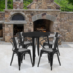 English Elm Cory Commercial-Grade Indoor-Outdoor Table Set with 4 Bistro Arm Chairs for Stylish Dining Spaces Black 30" Round CH-51090TH-4-18ARM-BK-GG