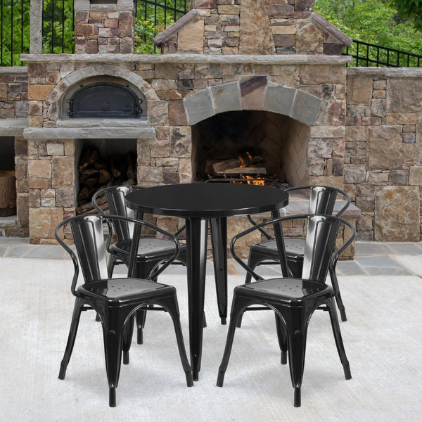 English Elm Cory Commercial-Grade Indoor-Outdoor Table Set with 4 Bistro Arm Chairs for Stylish Dining Spaces Black 30" Round CH-51090TH-4-18ARM-BK-GG