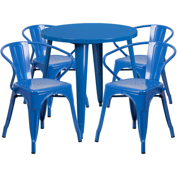 English Elm Cory Commercial-Grade Indoor-Outdoor Table Set with 4 Bistro Arm Chairs for Stylish Dining Spaces Blue 30" Round CH-51090TH-4-18ARM-BL-GG