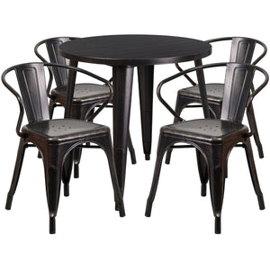 English Elm Cory Commercial-Grade Indoor-Outdoor Table Set with 4 Bistro Arm Chairs for Stylish Dining Spaces Black-Antique Gold 30" Round CH-51090TH-4-18ARM-BQ-GG