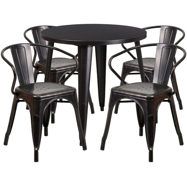 English Elm Cory Commercial-Grade Indoor-Outdoor Table Set with 4 Bistro Arm Chairs for Stylish Dining Spaces Black-Antique Gold 30" Round CH-51090TH-4-18ARM-BQ-GG