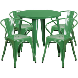 English Elm Cory Commercial-Grade Indoor-Outdoor Table Set with 4 Bistro Arm Chairs for Stylish Dining Spaces Green 30" Round CH-51090TH-4-18ARM-GN-GG