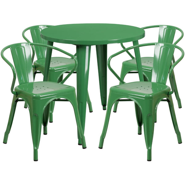 English Elm Cory Commercial-Grade Indoor-Outdoor Table Set with 4 Bistro Arm Chairs for Stylish Dining Spaces Green 30" Round CH-51090TH-4-18ARM-GN-GG