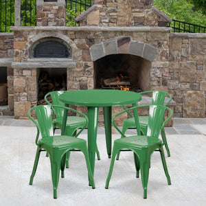 English Elm Cory Commercial-Grade Indoor-Outdoor Table Set with 4 Bistro Arm Chairs for Stylish Dining Spaces Green 30" Round CH-51090TH-4-18ARM-GN-GG