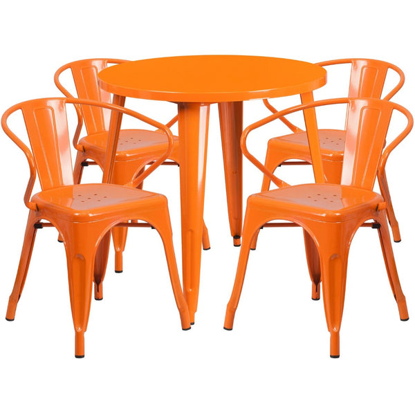 English Elm Cory Commercial-Grade Indoor-Outdoor Table Set with 4 Bistro Arm Chairs for Stylish Dining Spaces Orange 30" Round CH-51090TH-4-18ARM-OR-GG