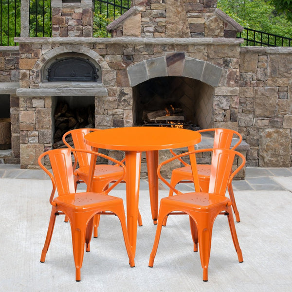 English Elm Cory Commercial-Grade Indoor-Outdoor Table Set with 4 Bistro Arm Chairs for Stylish Dining Spaces Orange 30" Round CH-51090TH-4-18ARM-OR-GG