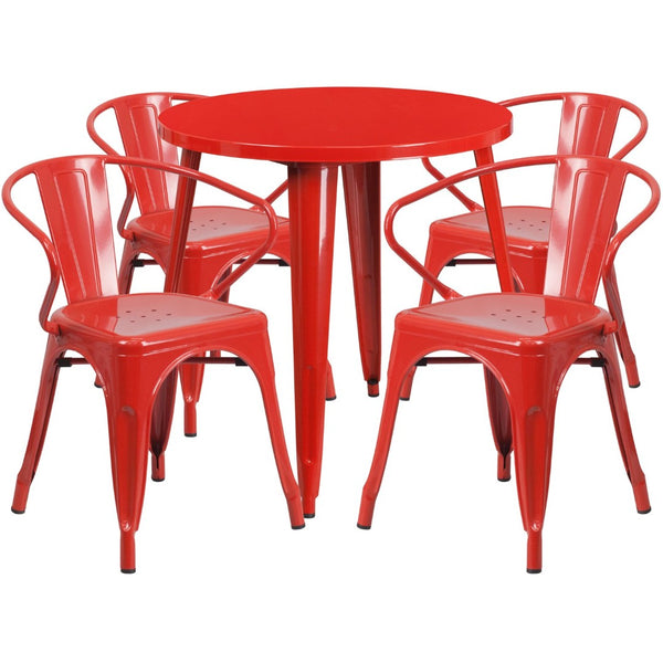 English Elm Cory Commercial-Grade Indoor-Outdoor Table Set with 4 Bistro Arm Chairs for Stylish Dining Spaces Red 30" Round CH-51090TH-4-18ARM-RED-GG